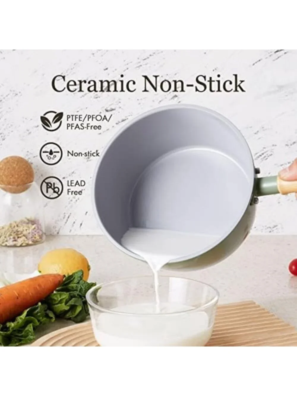 Ceramic Nonstick 2 Quart Saucepan with Lid & Steamer, Cool Touch Wooden Handle